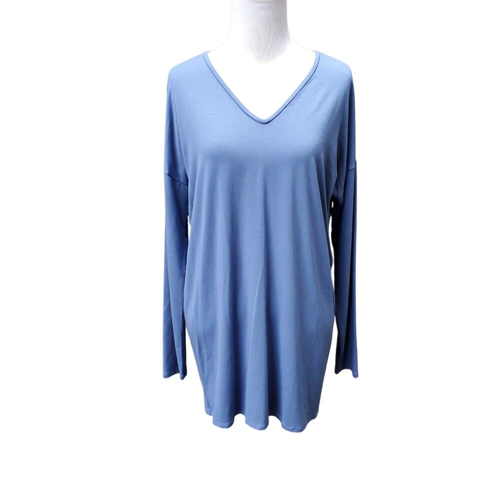 Eileen Fisher Blue V-Neck Tunic Top Minimalist Basic Long Sleeve Stretch Sz S